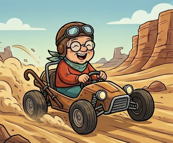 Die Turbo-Oma rast mit Fliegerbrille und lachend in einem Buggy durch die Wüste — der Gehstock steckt hinten drin.