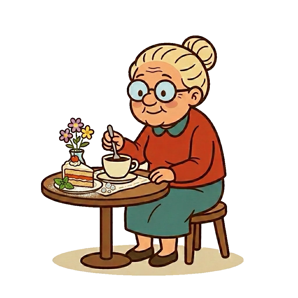 Die Turbo-Oma sitzt mit Kaffee und einem Stück Kuchen am Tisch.