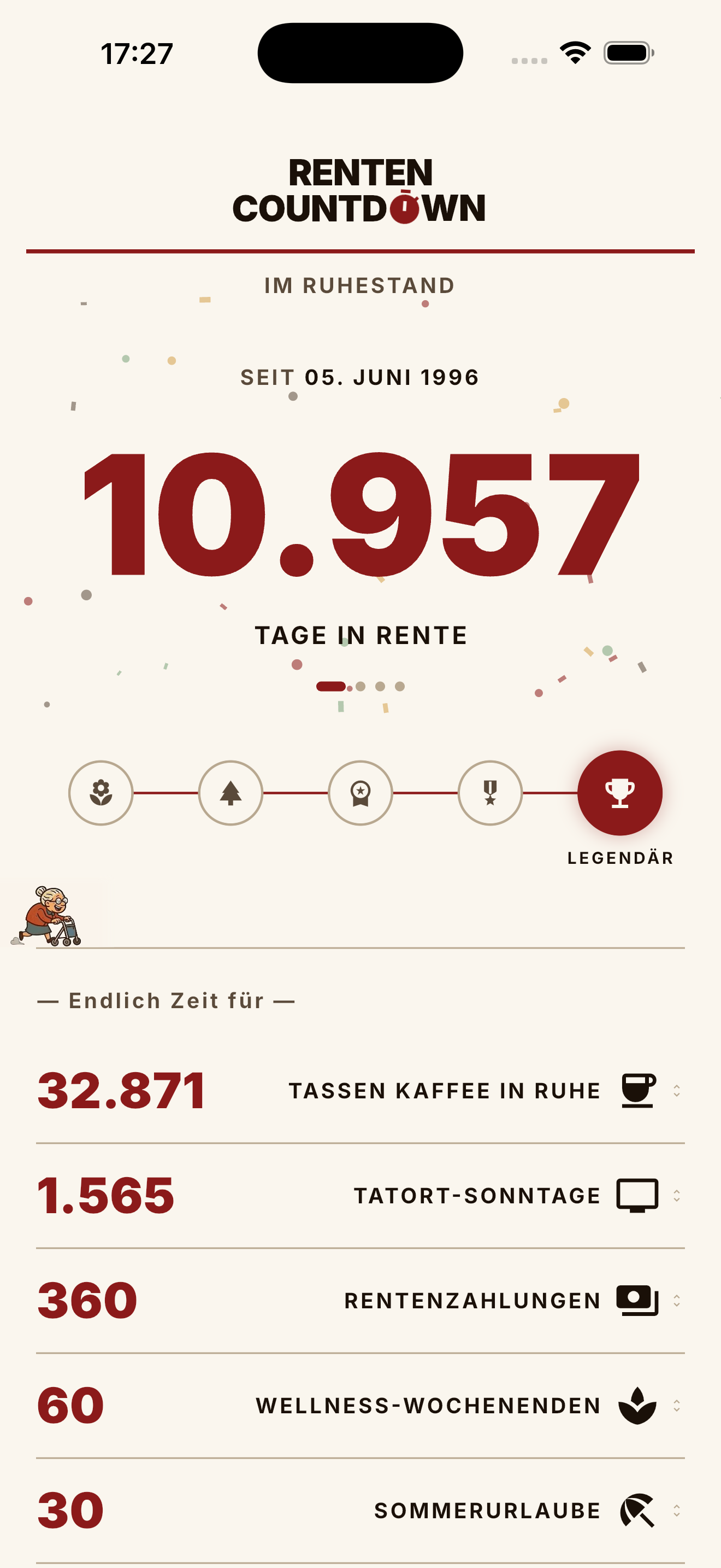 Der Ruhestand-Screen der App: seit dem 05. Juni 1996 sind es 10.957 Tage in Rente, mit Abzeichen bis „Legendär“ und gezählten Tassen Kaffee in Ruhe.